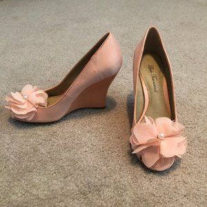 Peach Peep Toe Wedges with Flower Applique